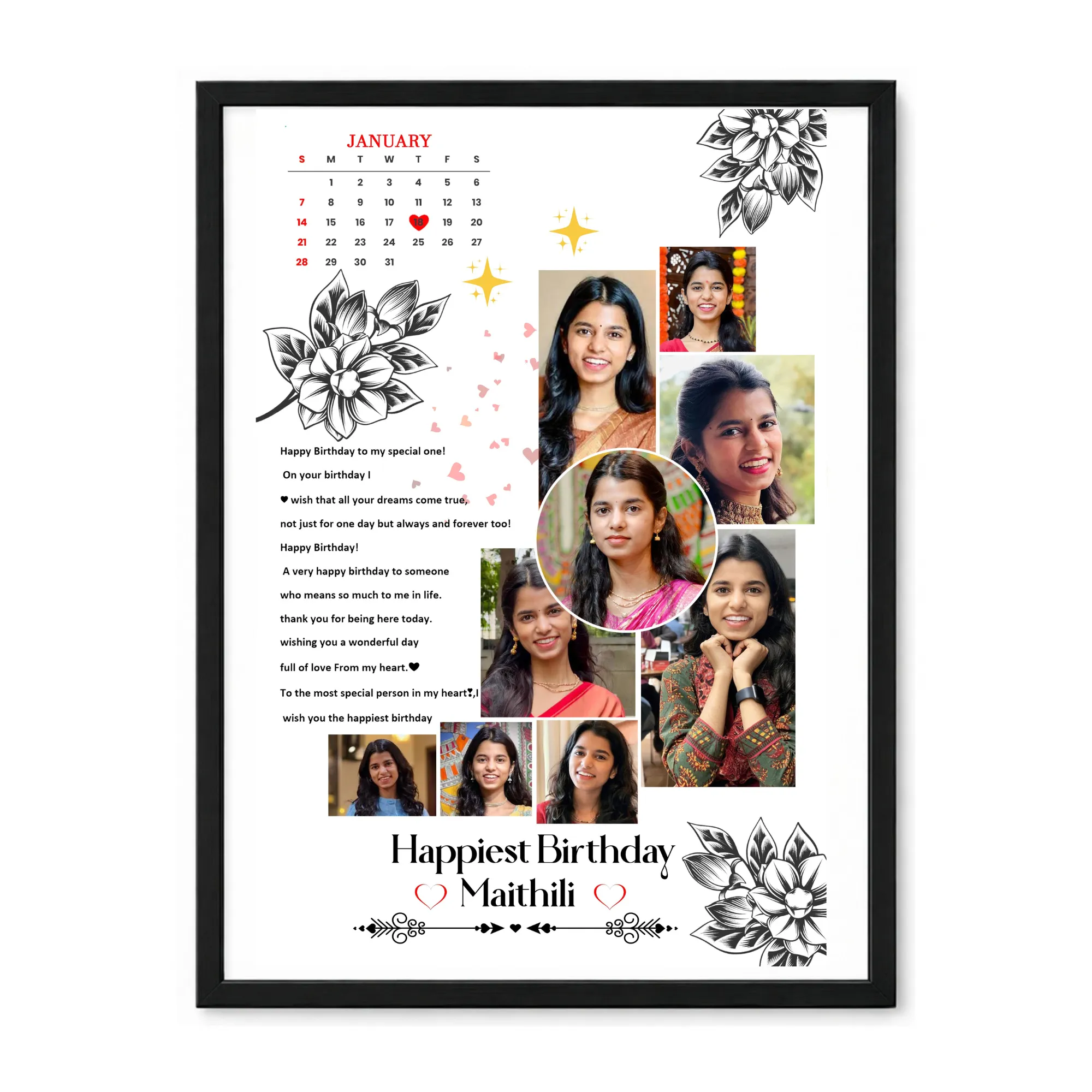 Birthday Photo Collage with Black N White Floral Design frame