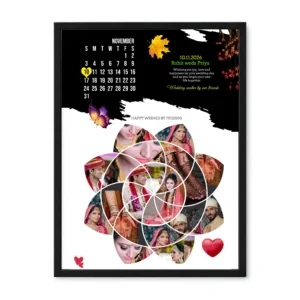 A framed wedding calendar poster for November 2026 featuring a floral photo collage of a couple in traditional Indian attire and henna-dyed hands.