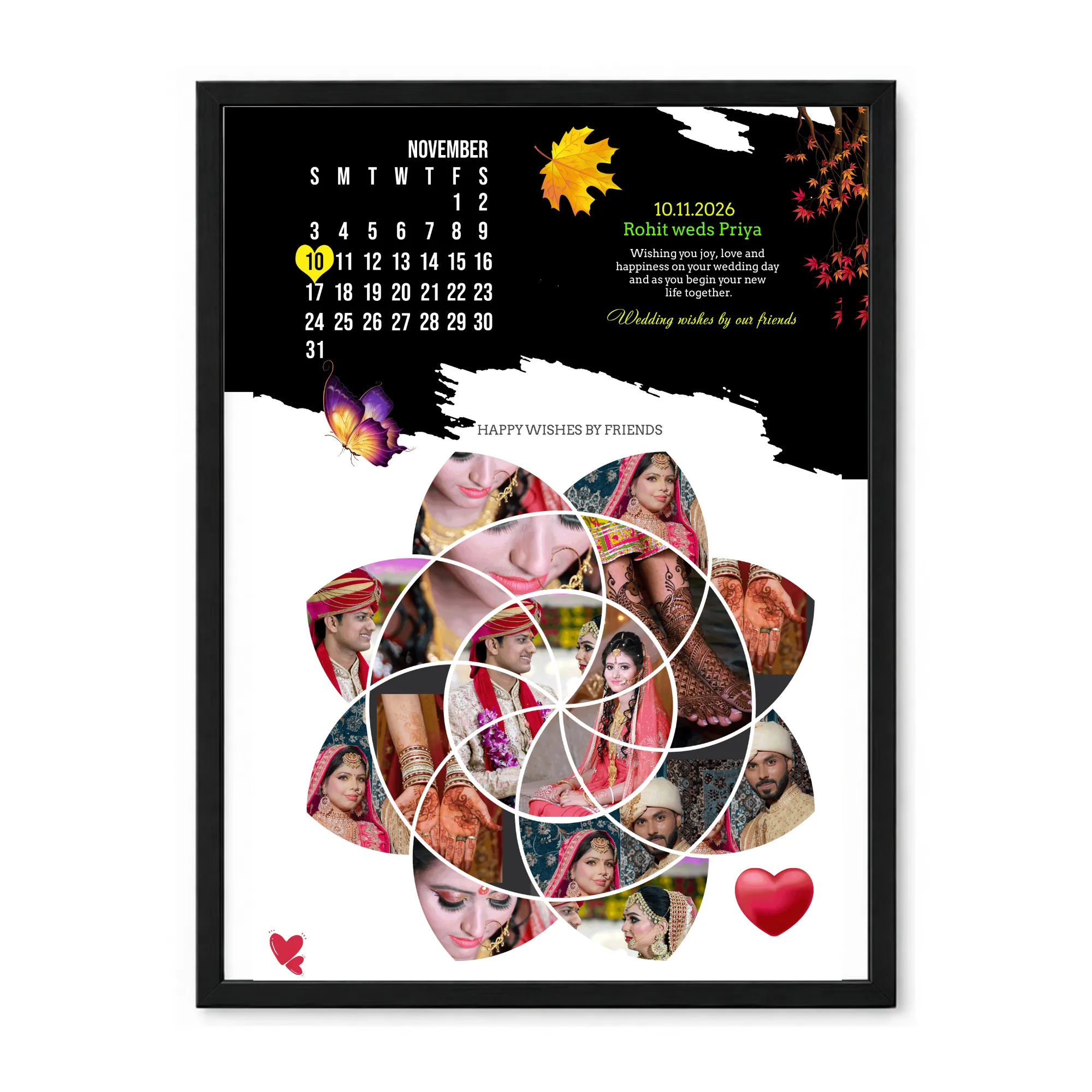 A framed wedding calendar poster for November 2026 featuring a floral photo collage of a couple in traditional Indian attire and henna-dyed hands.