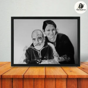 Framed black and white pencil sketch gift for parents showing a couple’s hand-drawn portrait